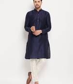 Navy Blue And Cream Silk Blend Kurta Pyjama Set