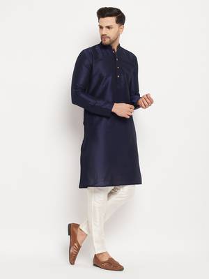 Navy Blue And Cream Silk Blend Kurta Pyjama Set 2