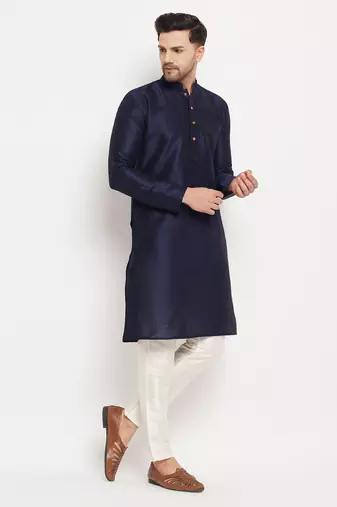 Navy Blue And Cream Silk Blend Kurta Pyjama Set