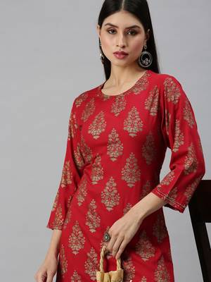 women's round neck floral sequinned red straight kurta and trouser 2