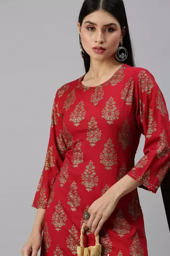 women's round neck floral sequinned red straight kurta and trouser