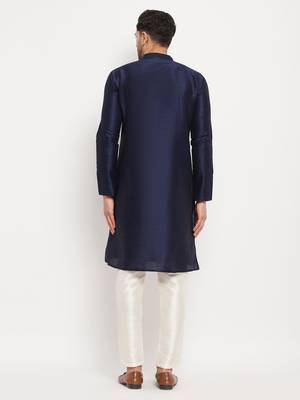 Navy Blue And Cream Silk Blend Kurta Pyjama Set 3