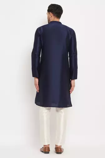 Navy Blue And Cream Silk Blend Kurta Pyjama Set