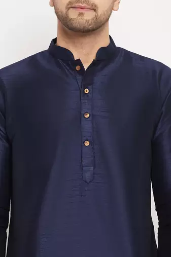 Navy Blue And Cream Silk Blend Kurta Pyjama Set