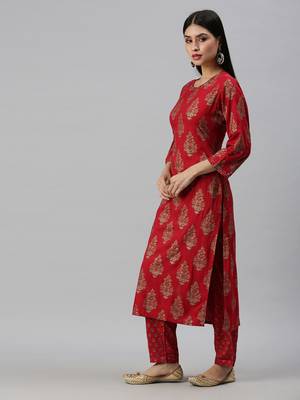 women's round neck floral sequinned red straight kurta and trouser 3