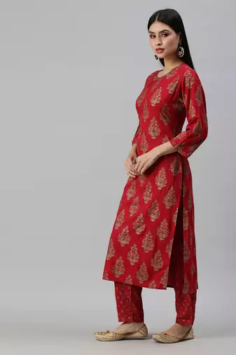 women's round neck floral sequinned red straight kurta and trouser