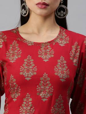 women's round neck floral sequinned red straight kurta and trouser 4