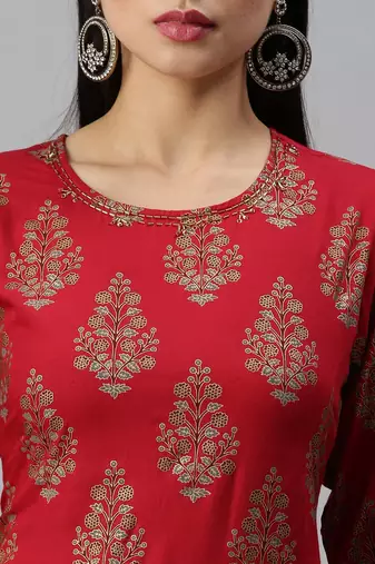 women's round neck floral sequinned red straight kurta and trouser