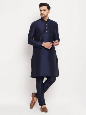 Navy Blue Silk Blend Kurta Pyjama Set 1
