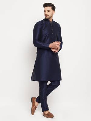 Navy Blue Silk Blend Kurta Pyjama Set 2