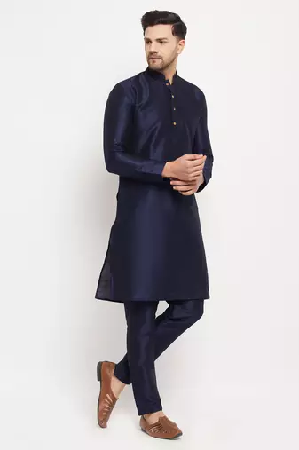 Navy Blue Silk Blend Kurta Pyjama Set