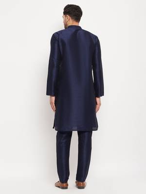 Navy Blue Silk Blend Kurta Pyjama Set 3