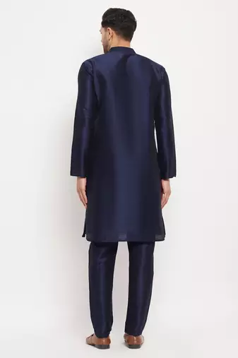 Navy Blue Silk Blend Kurta Pyjama Set