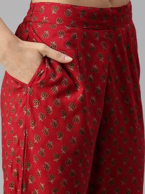 women's round neck floral sequinned red straight kurta and trouser 5