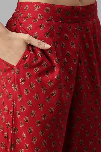 women's round neck floral sequinned red straight kurta and trouser