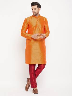 Men'S Orange And Maroon Silk Blend Kurta Pyjama Set 1