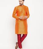 Men'S Orange And Maroon Silk Blend Kurta Pyjama Set