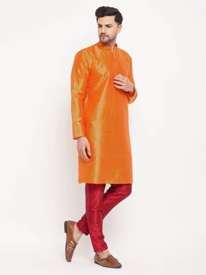 Men'S Orange And Maroon Silk Blend Kurta Pyjama Set 2