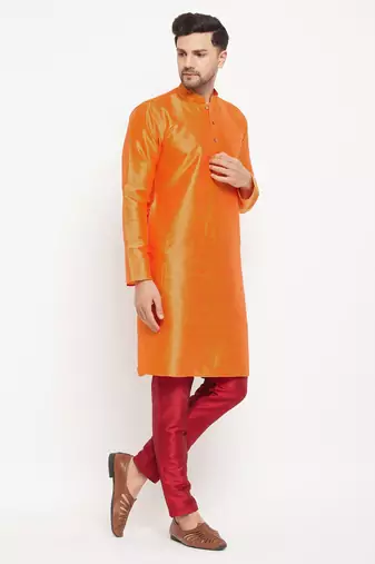 Men'S Orange And Maroon Silk Blend Kurta Pyjama Set