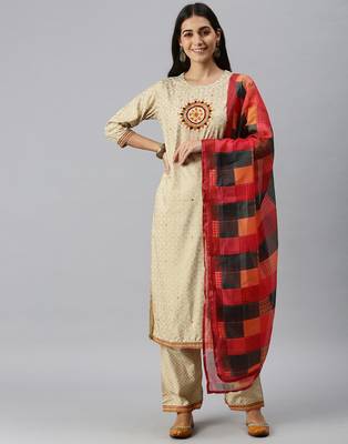 women's round neck floral foil print cream straight kurta and palazzos with dupatta 1