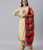women's round neck floral foil print cream straight kurta and palazzos with dupatta
