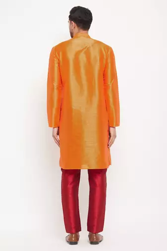 Men'S Orange And Maroon Silk Blend Kurta Pyjama Set