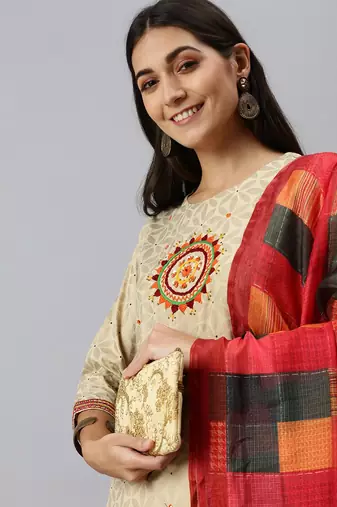women's round neck floral foil print cream straight kurta and palazzos with dupatta