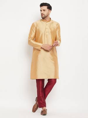 Rose Gold And Maroon Silk Blend Kurta Pyjama Set 1