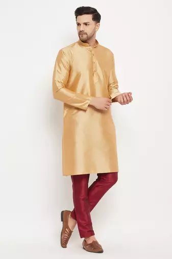 Rose Gold And Maroon Silk Blend Kurta Pyjama Set
