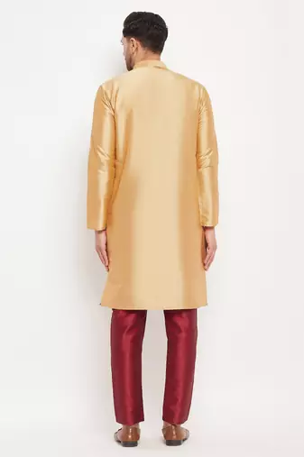 Rose Gold And Maroon Silk Blend Kurta Pyjama Set