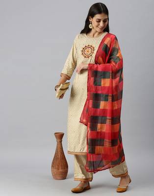 women's round neck floral foil print cream straight kurta and palazzos with dupatta 4