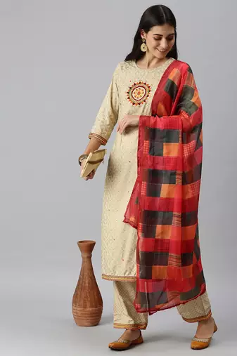 women's round neck floral foil print cream straight kurta and palazzos with dupatta