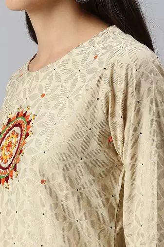 women's round neck floral foil print cream straight kurta and palazzos with dupatta