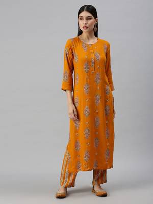 women's round neck floral foil print mustard straight kurta and trouser 1