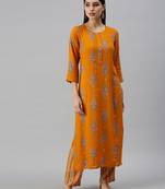 women's round neck floral foil print mustard straight kurta and trouser