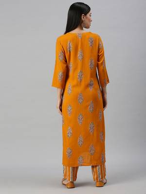 women's round neck floral foil print mustard straight kurta and trouser 2