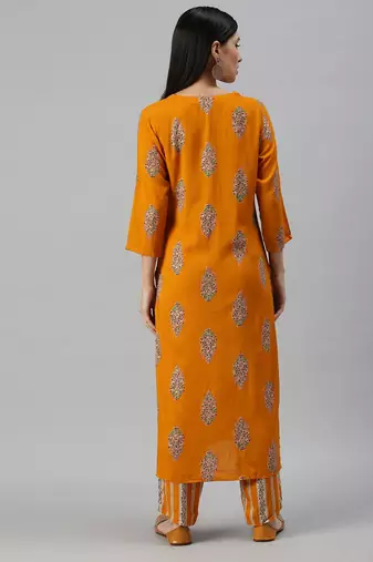 women's round neck floral foil print mustard straight kurta and trouser