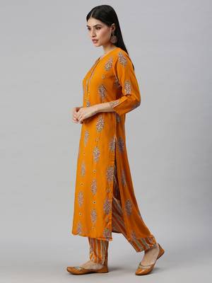 women's round neck floral foil print mustard straight kurta and trouser 3