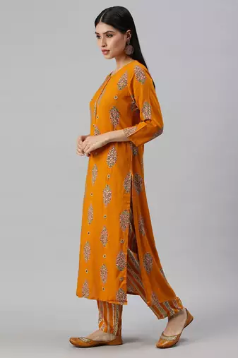 women's round neck floral foil print mustard straight kurta and trouser
