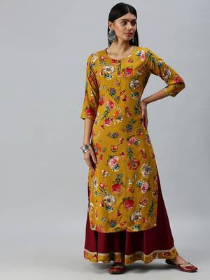 women's round neck floral mustard straight kurta and sharara 1