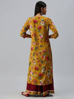 women's round neck floral mustard straight kurta and sharara 2