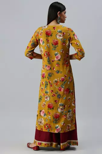 women's round neck floral mustard straight kurta and sharara