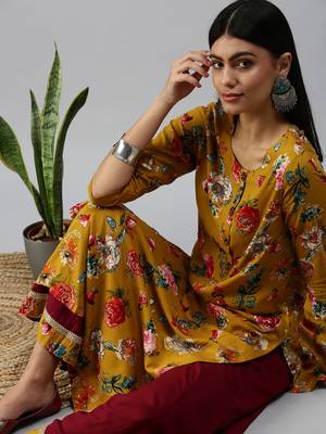 women's round neck floral mustard straight kurta and sharara 3