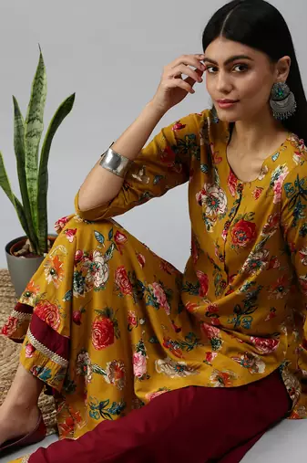 women's round neck floral mustard straight kurta and sharara