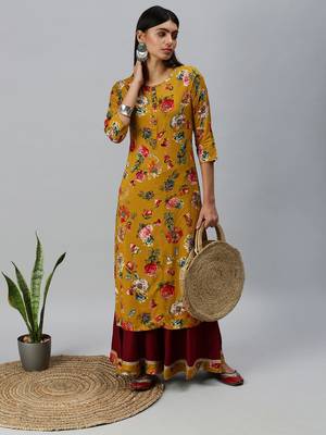 women's round neck floral mustard straight kurta and sharara 4