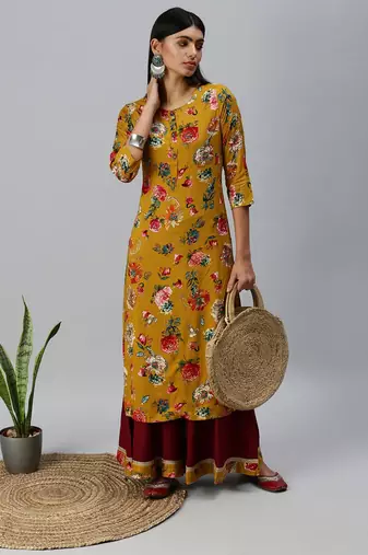 women's round neck floral mustard straight kurta and sharara