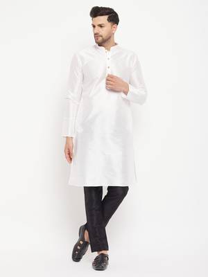 White And Black Silk Blend Kurta Pyjama Set 1