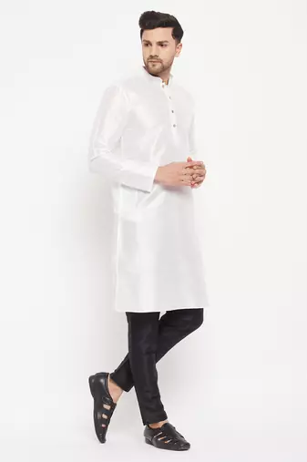 White And Black Silk Blend Kurta Pyjama Set
