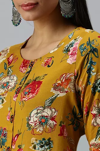 women's round neck floral mustard straight kurta and sharara