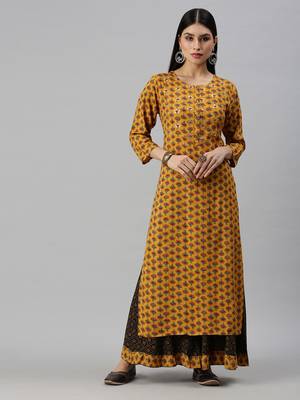 women's round neck floral mustard straight kurta and sharara 1